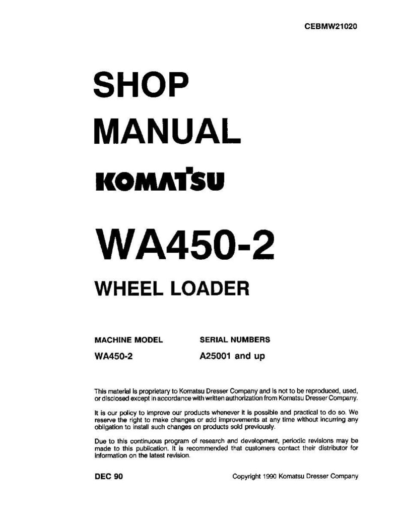 Puede incluir: Una portada de manual de taller blanca con texto negro. El t&iacute;tulo dice "SHOP MANUAL" encima del logotipo de Komatsu y "WA450-2 WHEEL LOADER". Incluye el modelo de m&aacute;quina y los n&uacute;meros de serie. Copyright 1990 Komatsu Dresser Company.