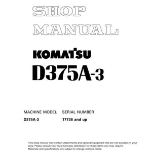 May include: A white shop manual with the text "SHOP MANUAL" in a bold, outlined font. The Komatsu logo and "D375A-3" are prominently displayed. Includes machine model and serial number information.