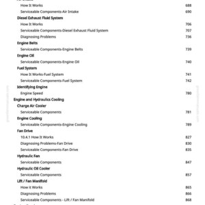 May include: A detailed page from a manual, featuring a list of automotive system components and their functions. The text includes terms like "Engine Oil," "Fuel System," and "Hydraulic Fan," with corresponding page numbers.
