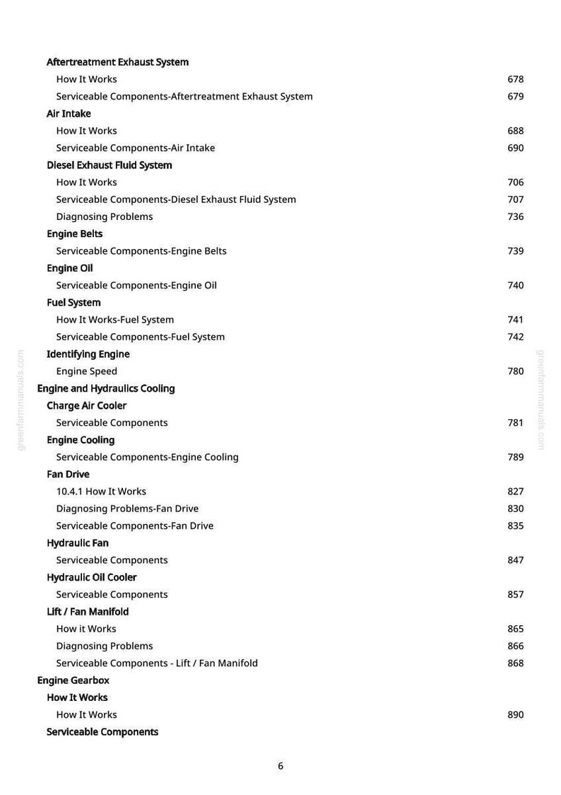 May include: A detailed page from a manual, featuring a list of automotive system components and their functions. The text includes terms like "Engine Oil," "Fuel System," and "Hydraulic Fan," with corresponding page numbers.