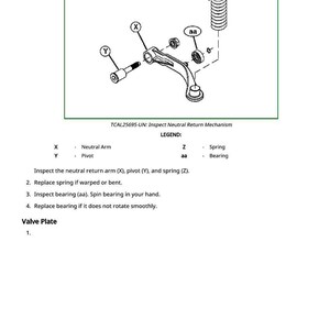 K&ouml;nnte beinhalten: Diagramm eines Neutralr&uuml;ckstellmechanismus, bezeichnet als TCAL25695-UN. Das Diagramm umfasst einen Neutralarm, einen Drehpunkt, eine Feder und ein Lager. Text darunter enth&auml;lt Anweisungen zur Inspektion und zum Austausch von Teilen.