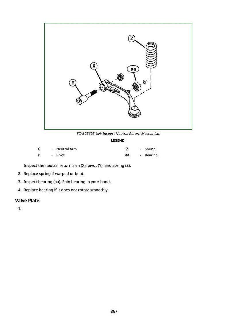 K&ouml;nnte beinhalten: Diagramm eines Neutralr&uuml;ckstellmechanismus, bezeichnet als TCAL25695-UN. Das Diagramm umfasst einen Neutralarm, einen Drehpunkt, eine Feder und ein Lager. Text darunter enth&auml;lt Anweisungen zur Inspektion und zum Austausch von Teilen.