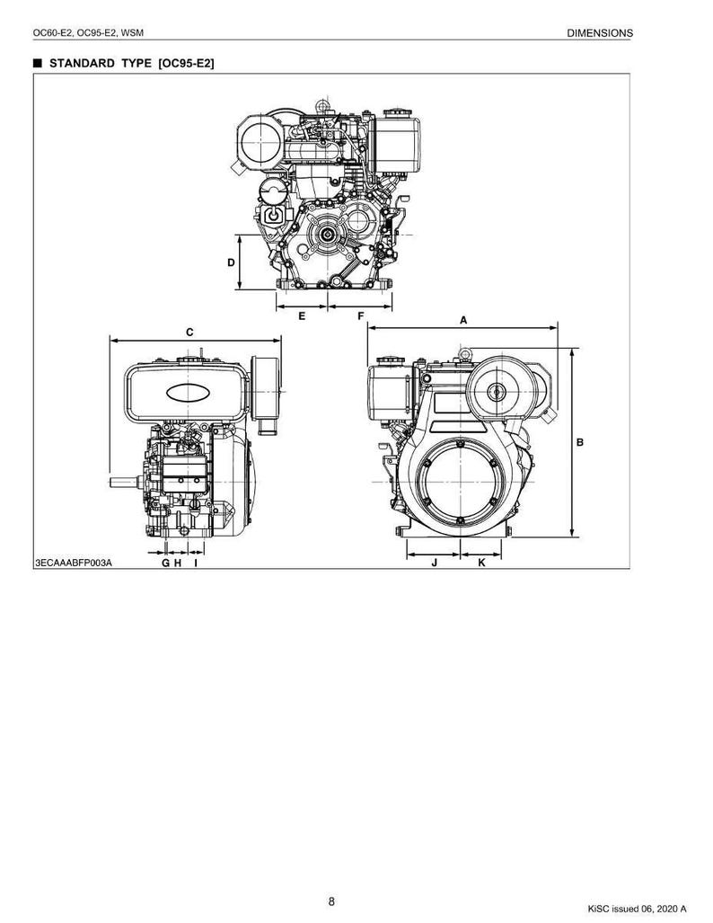 May include: Technical diagram of a standard type OC95-E2 engine, with dimensions labeled A through K. The diagram shows three different views of the engine, including top, side, and front perspectives. The text "STANDARD TYPE [OC95-E2]" is visible.