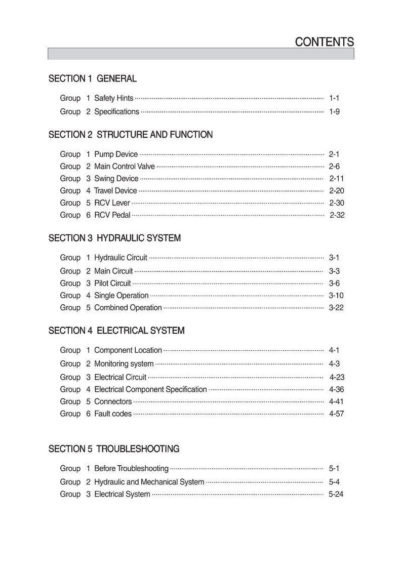 May include: A white and gray document titled "CONTENTS" with a detailed table of contents. Sections include General, Structure and Function, Hydraulic System, Electrical System, and Troubleshooting.