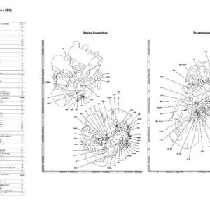 May include: Diagram of engine and transmission connectors, with detailed illustrations and labels. The image includes a connector list and stereogram, providing technical information for automotive applications. The diagrams are in black and white.