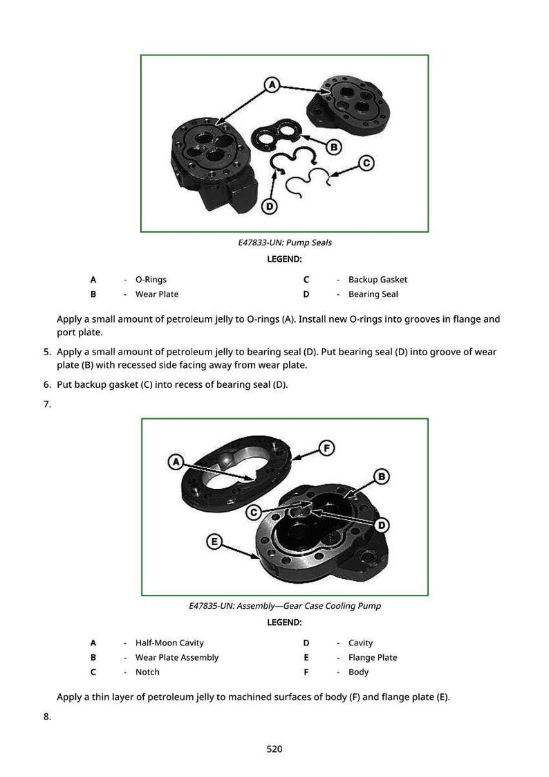 K&ouml;nnte beinhalten: Diagramm von Pumpendichtungen und Komponenten der Getriebegeh&auml;use-K&uuml;hlpumpe. Enth&auml;lt O-Ringe, Verschlei&szlig;platten, St&uuml;tzdichtungen und Dichtungen. Textkennzeichnungen identifizieren jedes Teil f&uuml;r Montageanweisungen.