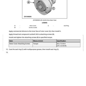 Pu&ograve; includere: Schema di un carter del cambio di trasmissione a coltello, etichettato ZX1049265, con indicazioni per il coperchio del rotore, le viti e l'anello di tenuta. Le specifiche per le viti di fissaggio del coperchio del rotore sono 50 &plusmn; 7,5 N-m.