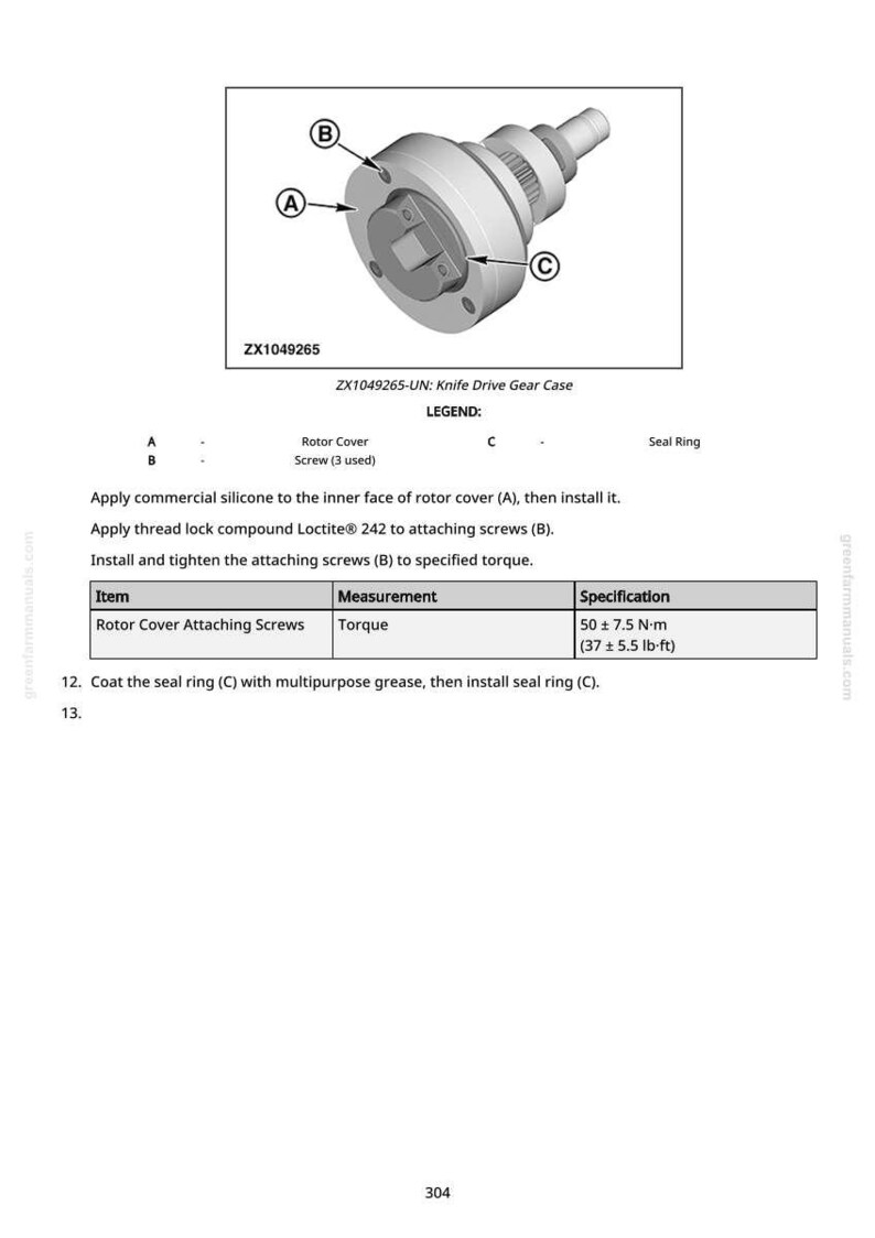 Pu&ograve; includere: Schema di un carter del cambio di trasmissione a coltello, etichettato ZX1049265, con indicazioni per il coperchio del rotore, le viti e l'anello di tenuta. Le specifiche per le viti di fissaggio del coperchio del rotore sono 50 &plusmn; 7,5 N-m.