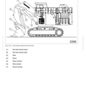 May include: Diagram of a Komatsu PC3000 face shovel attachment. The image shows a detailed technical illustration of the machinery, including the bull clam bucket, stick, boom, and various cylinders. The Komatsu logo is visible.