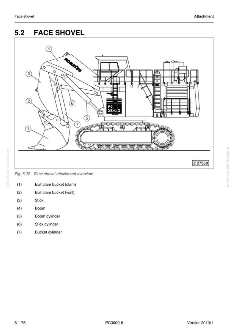 May include: Diagram of a Komatsu PC3000 face shovel attachment. The image shows a detailed technical illustration of the machinery, including the bull clam bucket, stick, boom, and various cylinders. The Komatsu logo is visible.