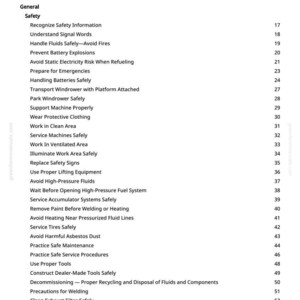 May include: A page from a manual titled "Table of Contents" with a list of safety-related topics. The text is black on a white background. Topics include safety information, handling fluids, and emergency procedures.