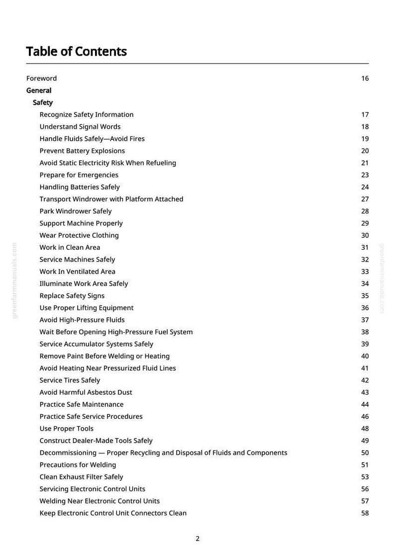May include: A page from a manual titled "Table of Contents" with a list of safety-related topics. The text is black on a white background. Topics include safety information, handling fluids, and emergency procedures.