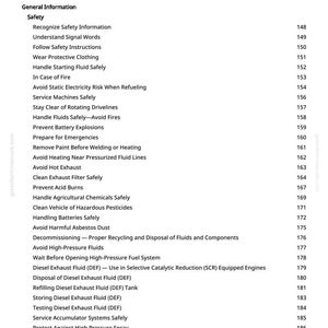 May include: A printed page titled "Table of Contents" from a manual. The table lists safety information, including topics like handling fluids, avoiding fires, and preventing explosions. The page numbers are visible on the right side.