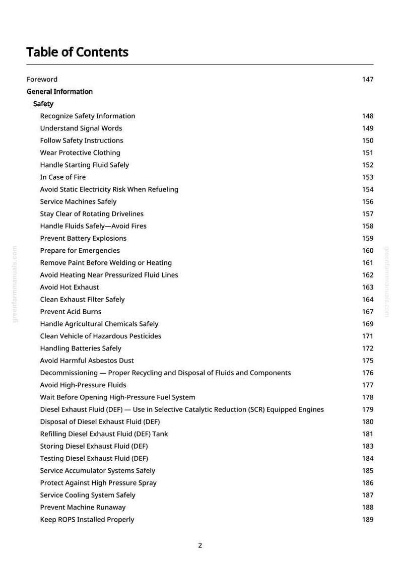 May include: A printed page titled "Table of Contents" from a manual. The table lists safety information, including topics like handling fluids, avoiding fires, and preventing explosions. The page numbers are visible on the right side.