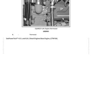 May include: Diagram showing the engine thermostat check. The image is a close-up of an engine component with a thermostat labeled. Text includes "Checking Engine Thermostat" and "SeePowerTech 4.5 L and 6.8 L Diesel Engines Base Engine."