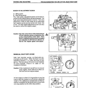 May include: A technical diagram from a manual, detailing fuel injection pump components. Includes illustrations of adjustment screws, a manual shut-off lever, and a tachometer. Text includes "Testing and Adjusting" and "Troubleshooting Failure of Fuel Injection Pump."