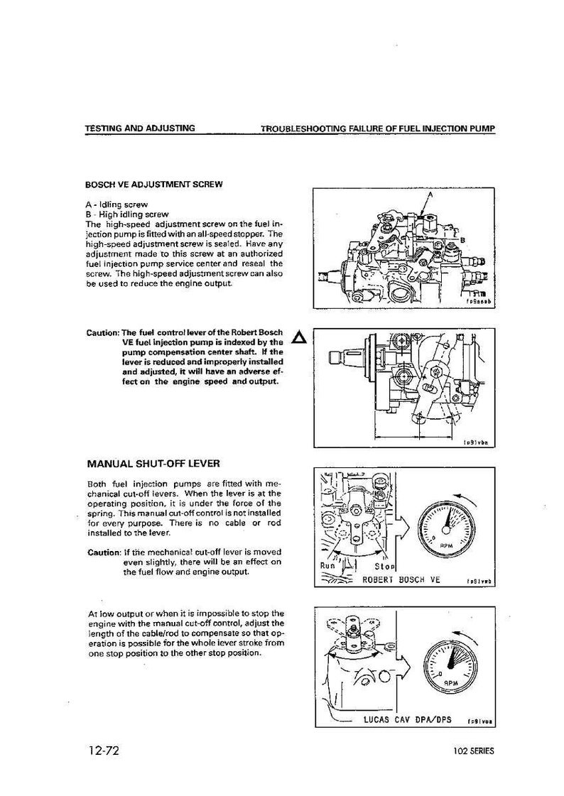 May include: A technical diagram from a manual, detailing fuel injection pump components. Includes illustrations of adjustment screws, a manual shut-off lever, and a tachometer. Text includes "Testing and Adjusting" and "Troubleshooting Failure of Fuel Injection Pump."