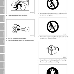 May include: Safety instructions and fire prevention tips for tractor maintenance. Includes illustrations of safety symbols, such as no smoking, no flames, and a fire extinguisher. The text includes instructions on preparing the tractor and avoiding fires.
