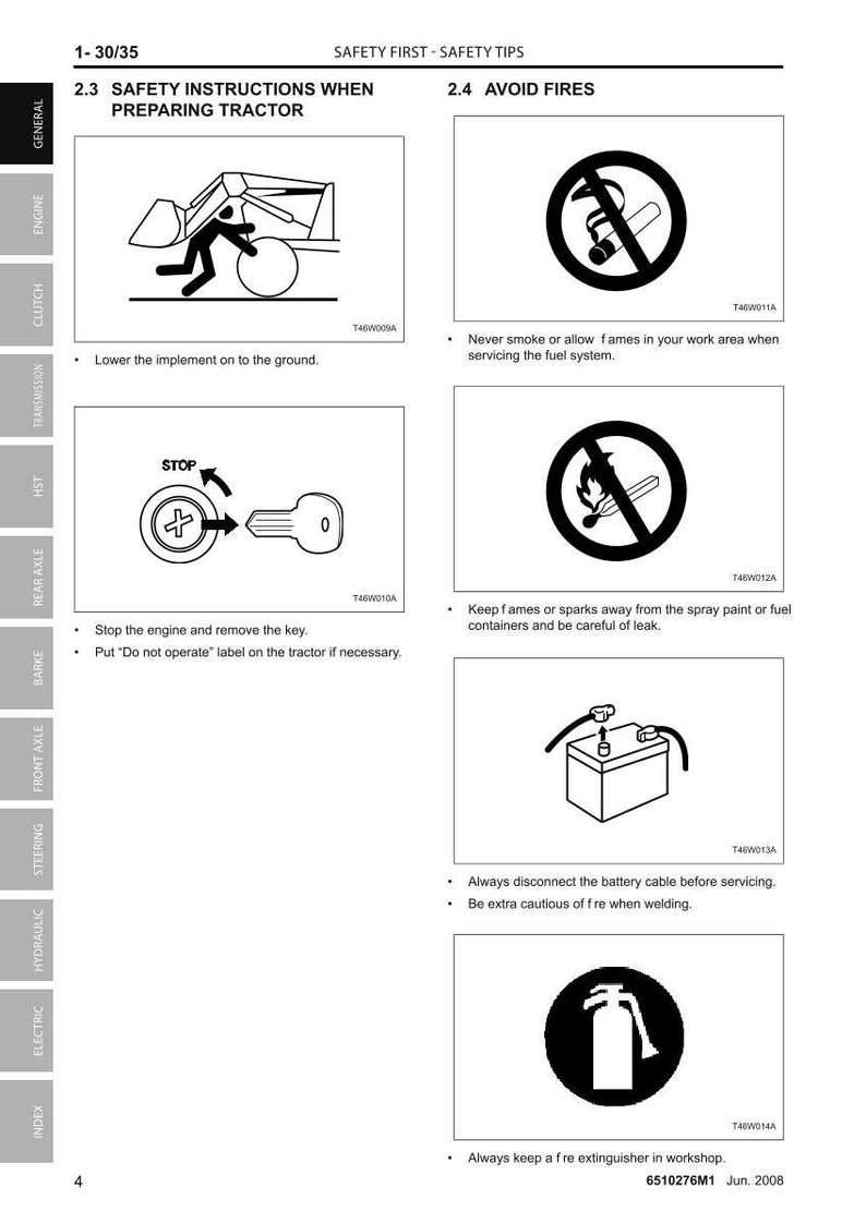May include: Safety instructions and fire prevention tips for tractor maintenance. Includes illustrations of safety symbols, such as no smoking, no flames, and a fire extinguisher. The text includes instructions on preparing the tractor and avoiding fires.
