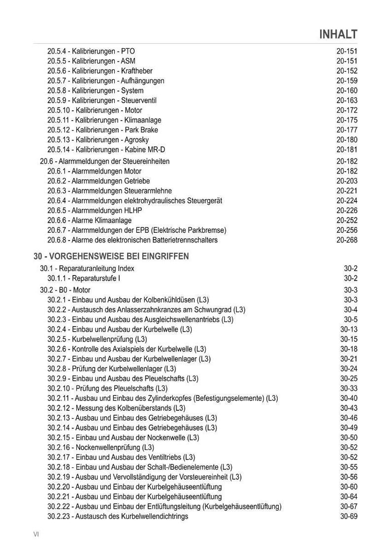 Pode incluir: Uma tabela de conte&uacute;do detalhada de um manual t&eacute;cnico, listando v&aacute;rios procedimentos de calibra&ccedil;&atilde;o, mensagens de alarme e instru&ccedil;&otilde;es de reparo do motor. O documento inclui n&uacute;meros de p&aacute;gina para f&aacute;cil refer&ecirc;ncia. O texto est&aacute; em alem&atilde;o.