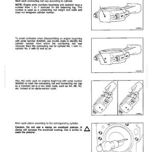 May include: Diagrams from an engine disassembly manual. The page includes instructions for piston assembly removal, with illustrations of connecting rods and pistons. Text explains marking procedures and cautions.