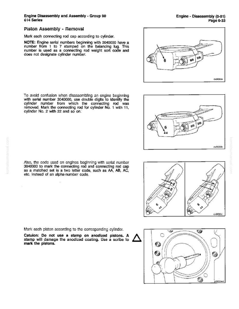 May include: Diagrams from an engine disassembly manual. The page includes instructions for piston assembly removal, with illustrations of connecting rods and pistons. Text explains marking procedures and cautions.