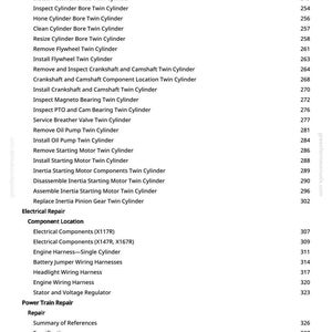 May include: A page from a manual with a list of repair procedures for a twin cylinder engine. The text includes procedures for electrical repair, component location, and power train repair. The page number is 5.