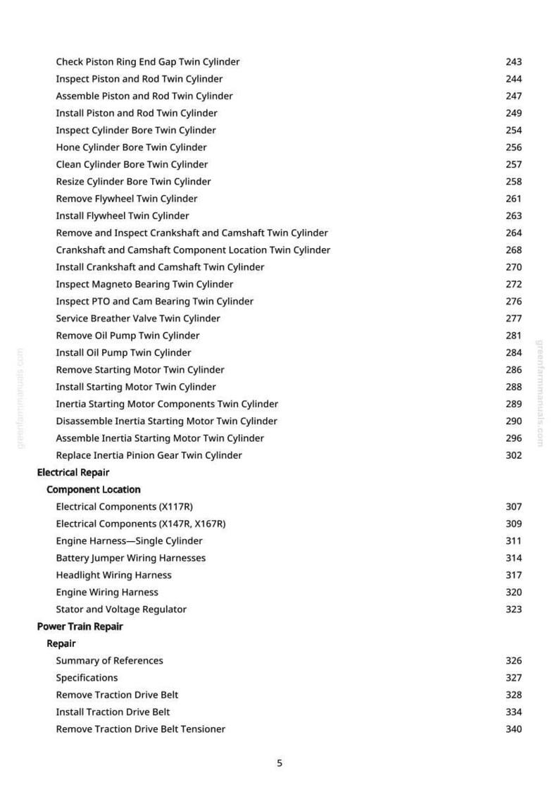 May include: A page from a manual with a list of repair procedures for a twin cylinder engine. The text includes procedures for electrical repair, component location, and power train repair. The page number is 5.