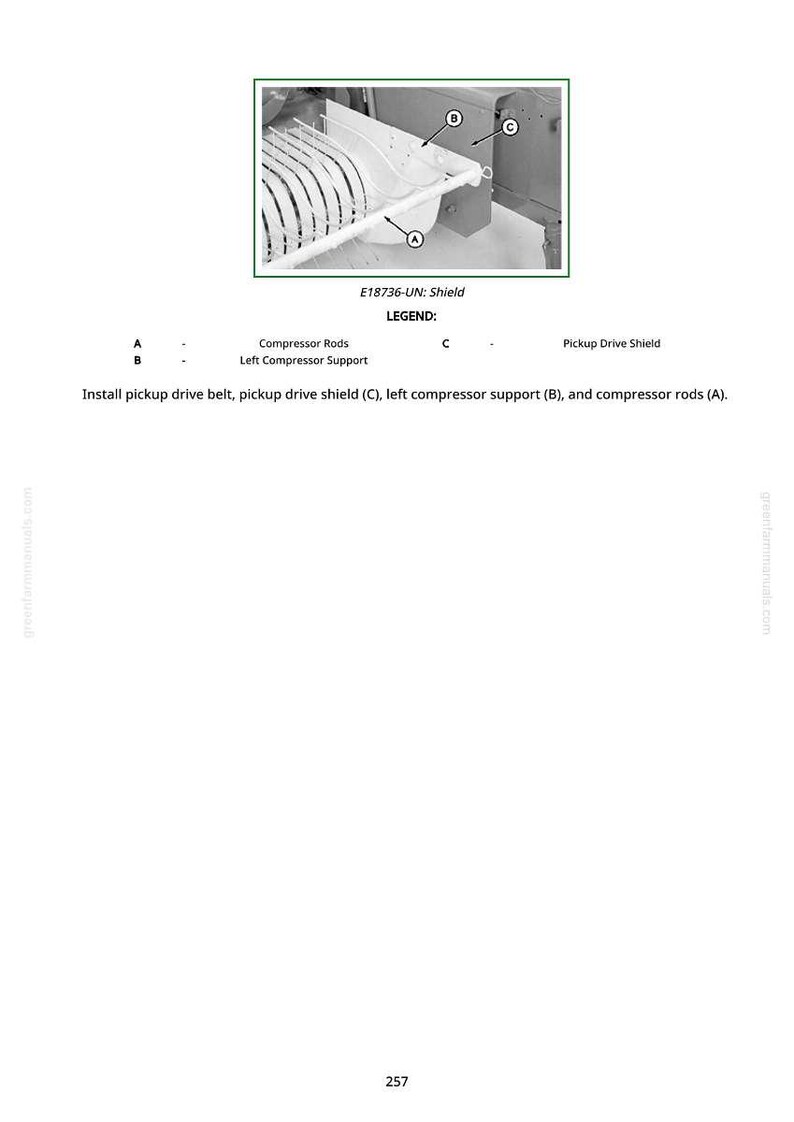 May include: Diagram of a machine component, labeled with letters and descriptions. The image includes a shield, compressor rods, and support components. Text at the bottom instructs on installation of parts. The image is a technical illustration.