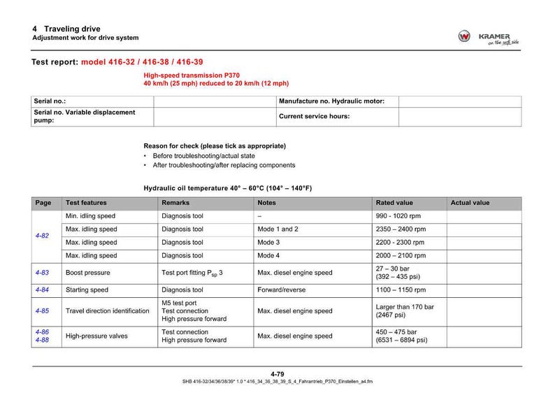 Puede incluir: Documento t&eacute;cnico titulado &laquo;&nbsp;Traveling drive&nbsp;&raquo; con un informe de prueba para los modelos 416-32, 416-38 y 416-39. Incluye tablas con caracter&iacute;sticas de prueba, observaciones y valores nominales, incluyendo la presi&oacute;n de sobrealimentaci&oacute;n y la velocidad de arranque.