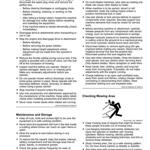 Pode incluir: Uma p&aacute;gina de um manual de seguran&ccedil;a para um cortador de relva, com marcadores que detalham os procedimentos de seguran&ccedil;a. O texto inclui instru&ccedil;&otilde;es sobre o desligamento do motor, a manuten&ccedil;&atilde;o das l&acirc;minas e a prepara&ccedil;&atilde;o da &aacute;rea de corte. A p&aacute;gina tamb&eacute;m inclui um diagrama de uma pessoa a cortar a relva.