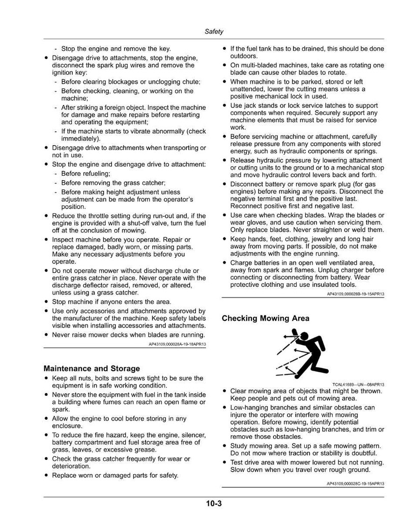 Pode incluir: Uma p&aacute;gina de um manual de seguran&ccedil;a para um cortador de relva, com marcadores que detalham os procedimentos de seguran&ccedil;a. O texto inclui instru&ccedil;&otilde;es sobre o desligamento do motor, a manuten&ccedil;&atilde;o das l&acirc;minas e a prepara&ccedil;&atilde;o da &aacute;rea de corte. A p&aacute;gina tamb&eacute;m inclui um diagrama de uma pessoa a cortar a relva.