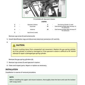 May include: Diagram from a manual detailing parts of a machine's operator's station. Labels include cap screws, antenna, and gas spring cylinders. Text warns of crushing injury and provides installation instructions.