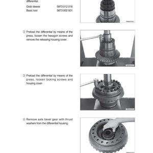 May include: Diagram illustrating the disassembly of a conventional differential. The image shows various steps, including removing bearings, loosening screws, and removing the housing cover. The text provides instructions and part numbers.