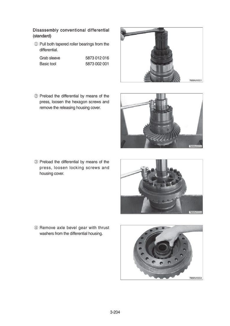 May include: Diagram illustrating the disassembly of a conventional differential. The image shows various steps, including removing bearings, loosening screws, and removing the housing cover. The text provides instructions and part numbers.