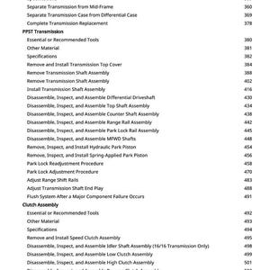 May include: A detailed table of contents from a manual, with headings and page numbers. The text is in black font on a white background. The topics include transmission, clutch, and differential assembly and disassembly procedures.