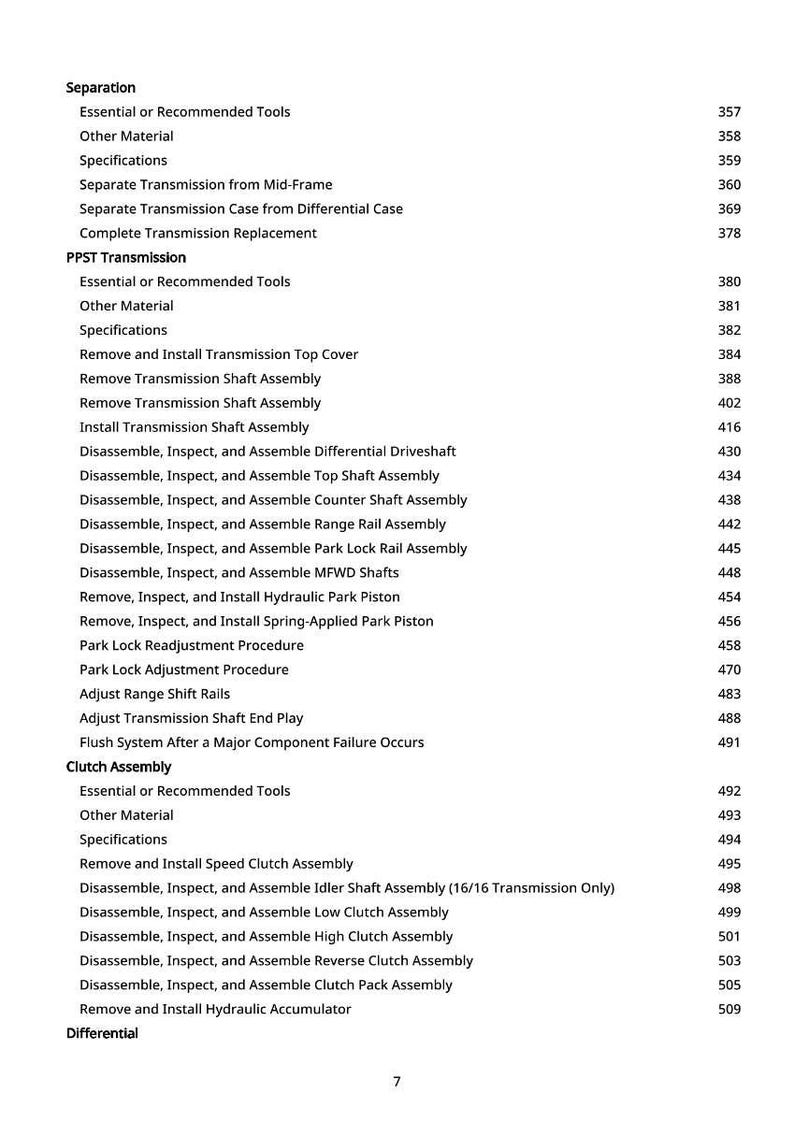 May include: A detailed table of contents from a manual, with headings and page numbers. The text is in black font on a white background. The topics include transmission, clutch, and differential assembly and disassembly procedures.