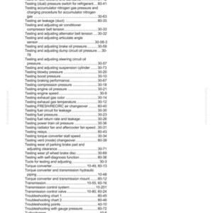 May include: A page from a manual with an index of automotive testing procedures. The text includes terms like "Testing air leakage," "Testing brake oil pressure," and "Torque converter." The page is white with black text.