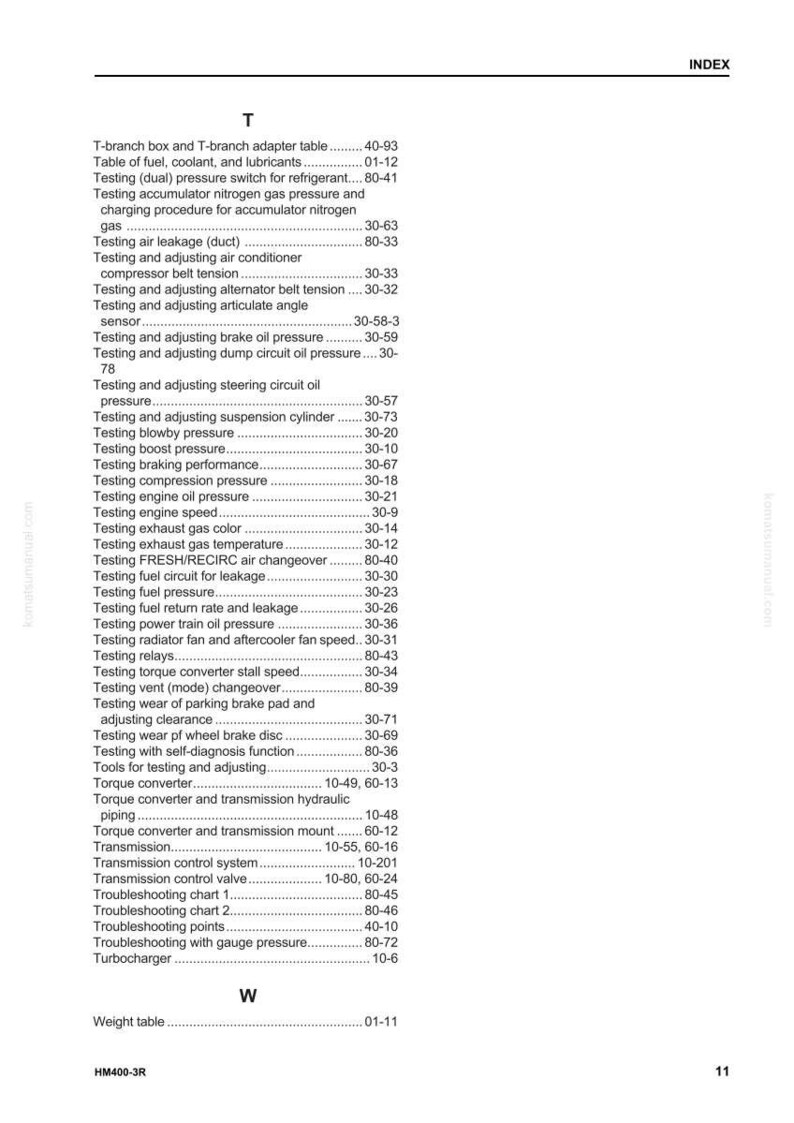 May include: A page from a manual with an index of automotive testing procedures. The text includes terms like "Testing air leakage," "Testing brake oil pressure," and "Torque converter." The page is white with black text.