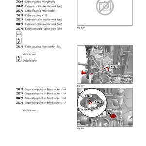 Pode incluir: Diagrama de um sistema de ve&iacute;culo Fendt, detalhando acoplamentos de cabos e pontos de separa&ccedil;&atilde;o. A imagem inclui ilustra&ccedil;&otilde;es detalhadas de v&aacute;rios componentes, rotulados com n&uacute;meros de pe&ccedil;a e descri&ccedil;&otilde;es. O texto inclui "Frente do ve&iacute;culo" e "Destacar painel".