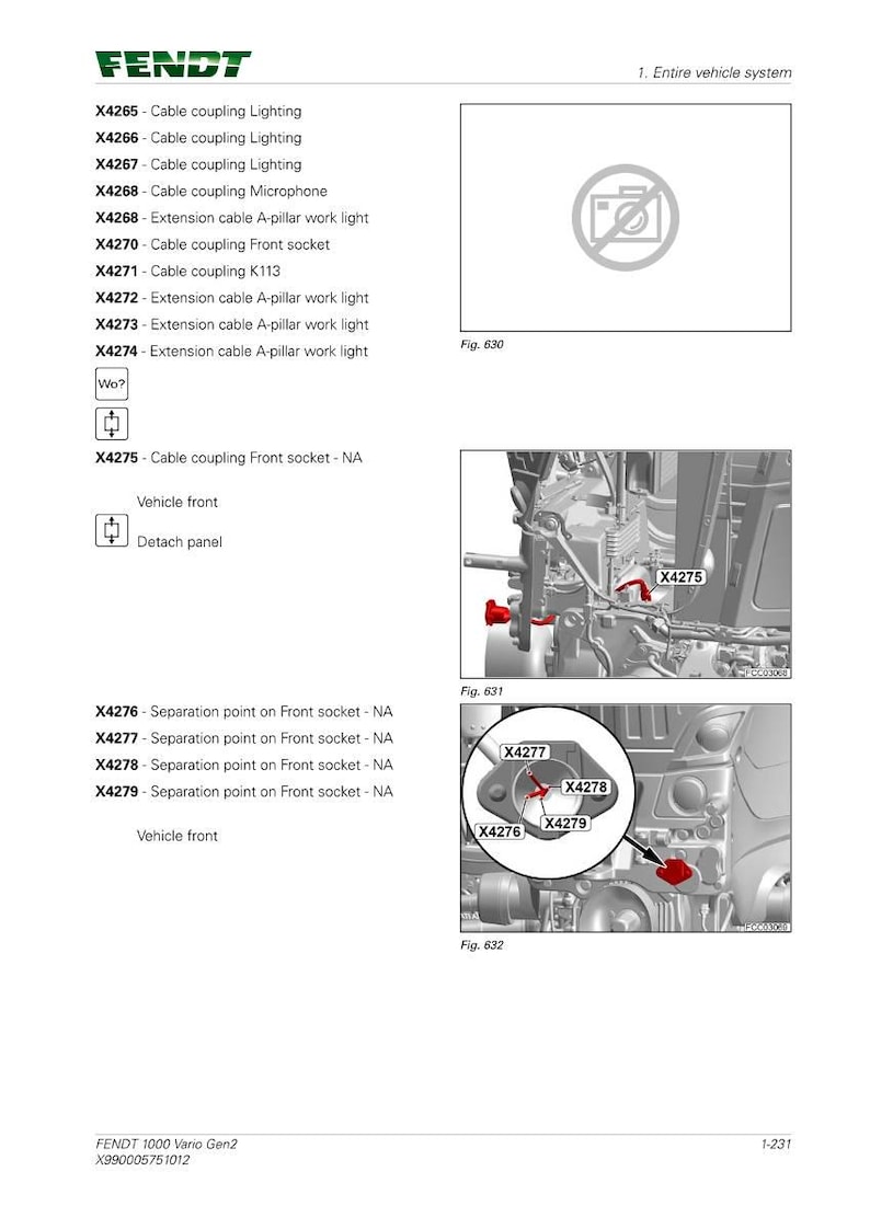 Pode incluir: Diagrama de um sistema de ve&iacute;culo Fendt, detalhando acoplamentos de cabos e pontos de separa&ccedil;&atilde;o. A imagem inclui ilustra&ccedil;&otilde;es detalhadas de v&aacute;rios componentes, rotulados com n&uacute;meros de pe&ccedil;a e descri&ccedil;&otilde;es. O texto inclui "Frente do ve&iacute;culo" e "Destacar painel".