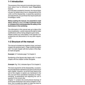 Może przedstawiać: Strona z instrukcji zatytułowana &bdquo;Introduction&rdquo; i &bdquo;Sect.1 - Reading the manual&rdquo;. Tekst wyjaśnia cel instrukcji, jej strukturę i spos&oacute;b użycia do naprawy ciągnik&oacute;w Powerfarm. Zawiera przykłady numeracji stron.