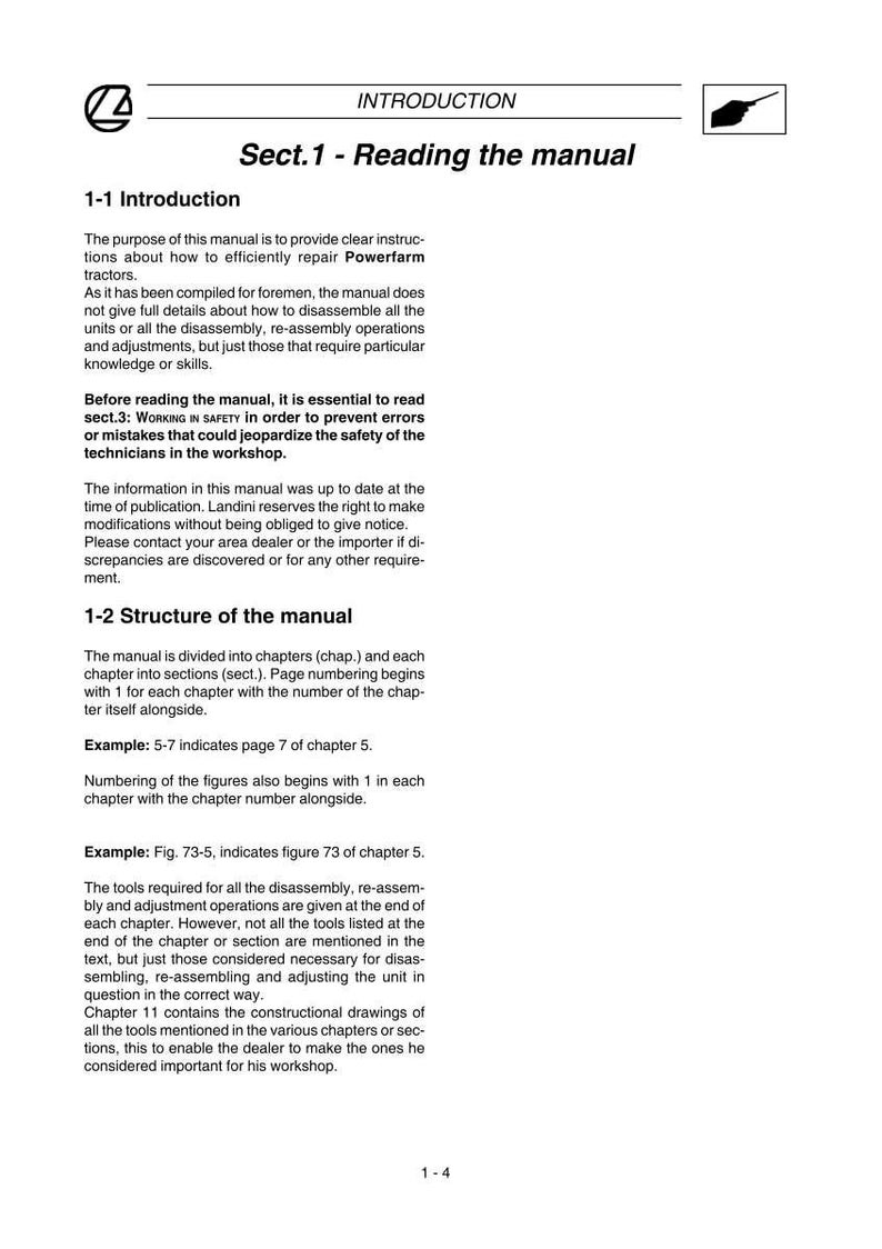 Może przedstawiać: Strona z instrukcji zatytułowana &bdquo;Introduction&rdquo; i &bdquo;Sect.1 - Reading the manual&rdquo;. Tekst wyjaśnia cel instrukcji, jej strukturę i spos&oacute;b użycia do naprawy ciągnik&oacute;w Powerfarm. Zawiera przykłady numeracji stron.