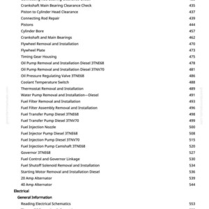 May include: A detailed list of engine repair and maintenance procedures, including oil pump removal, fuel injection, and electrical system diagnostics. The text is in black font on a white background, with page numbers.