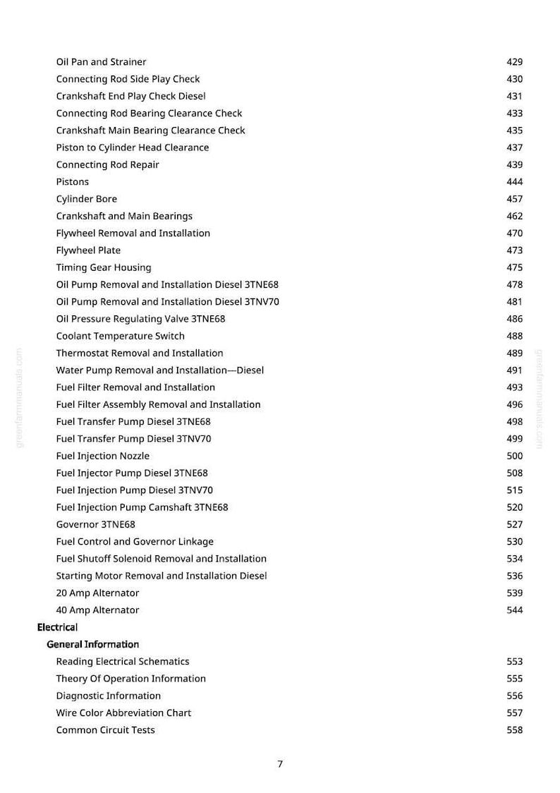 May include: A detailed list of engine repair and maintenance procedures, including oil pump removal, fuel injection, and electrical system diagnostics. The text is in black font on a white background, with page numbers.