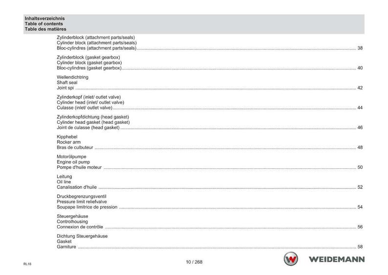 May include: A white page with a table of contents in German, English, and French. The table lists various engine components such as cylinder blocks, shaft seals, and oil pumps. The Weidemann logo is in the bottom right corner.