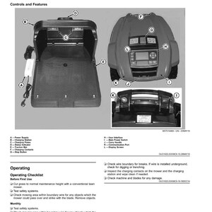 May include: Diagram of a robotic lawnmower with labelled operating controls. Features include a power supply, charging station, status indicator, traction mat, and display screen. The image also shows an operating checklist for the mower.
