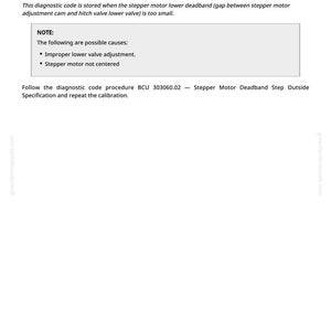 May include: A technical document page titled "BCU 303261.18 - Stepper Motor (Lower) Free Step Above Lower Threshold During Calibration." It details diagnostic information, potential causes, and a reference to a diagnostic code procedure.