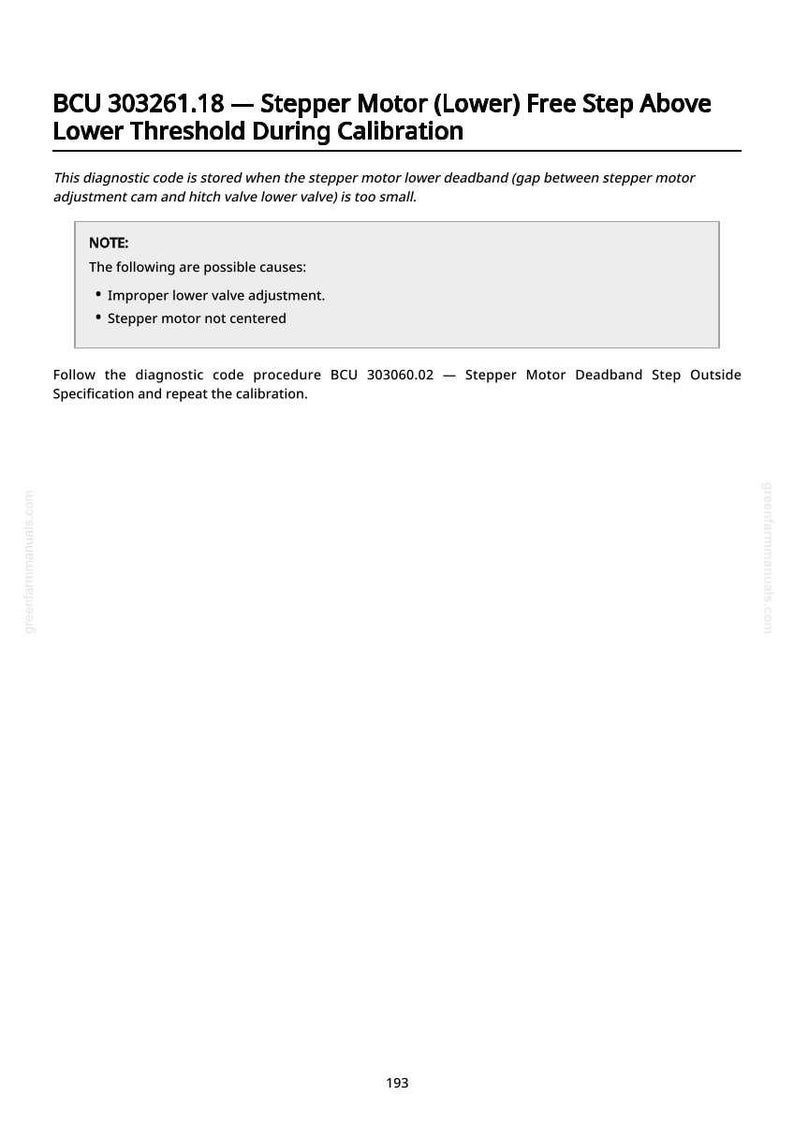 May include: A technical document page titled "BCU 303261.18 - Stepper Motor (Lower) Free Step Above Lower Threshold During Calibration." It details diagnostic information, potential causes, and a reference to a diagnostic code procedure.