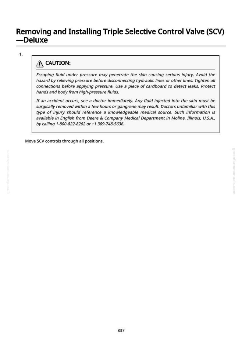 May include: A white page with text detailing instructions for removing and installing a Triple Selective Control Valve (SCV). The text includes a caution about potential injury from escaping fluid under pressure and provides safety guidelines.